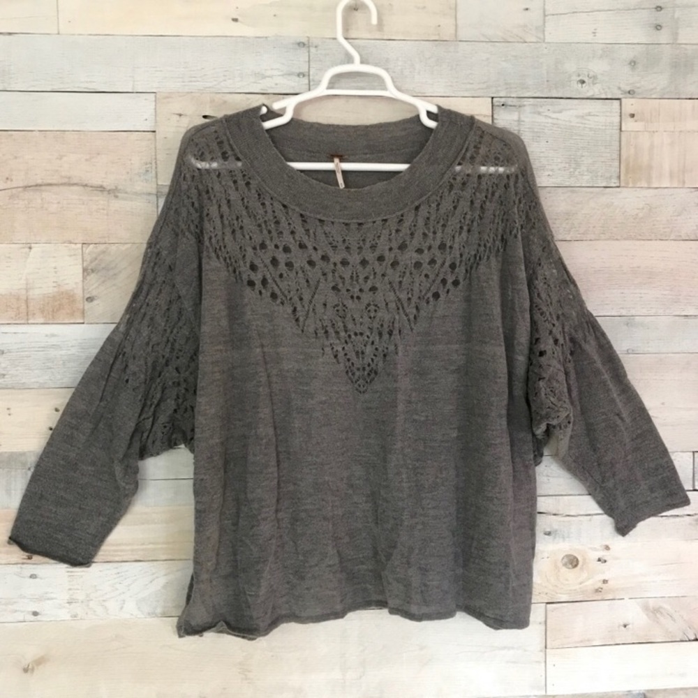 Free People Gray Cutout Loose Boxy Sweater Medium